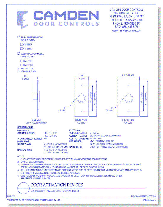 CM-9280/9380: 1" Piezoelectric Push/Exit Switch