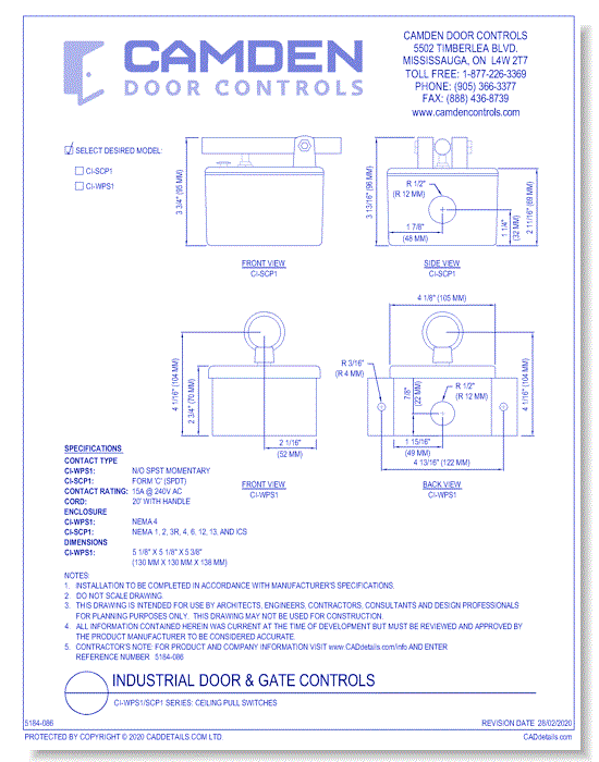 CI-WPS1/SCP1 Series: Ceiling Pull Switches