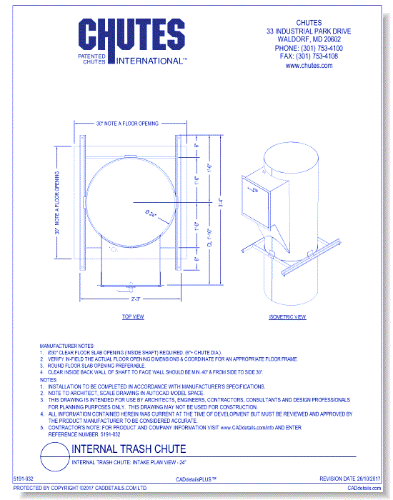 Internal Trash Chute: Intake Plan View - 24"