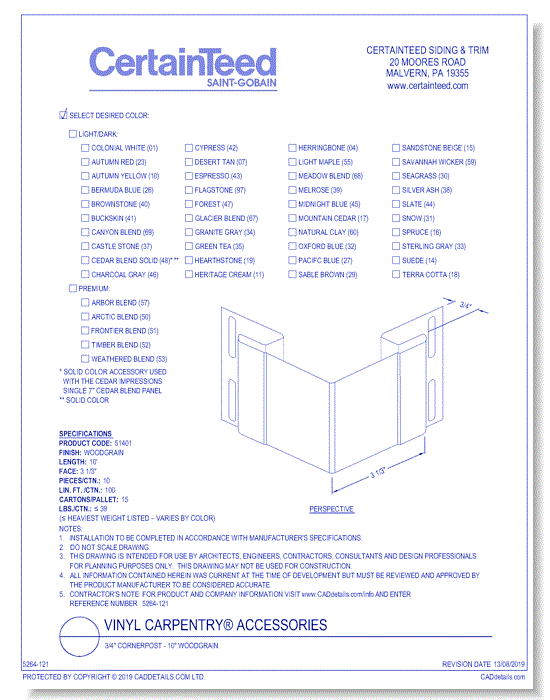 Vinyl Carpentry® Accessories: 3/4" Cornerpost - 10" Woodgrain