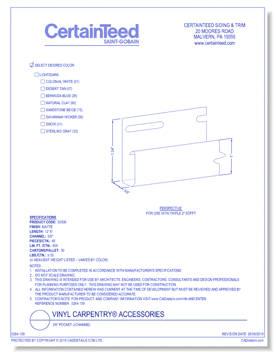 Vinyl Carpentry® Accessories: 3/8" Pocket J-Channel