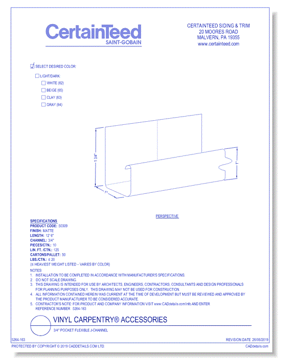 Vinyl Carpentry® Accessories: 3/4" Pocket Flexible J-Channel