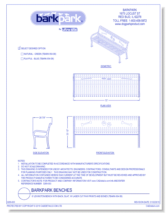 6' Lexington Bench with Back, Slat, w/ Laser Cut Paw Prints and Bones (TBARK-954-S6)