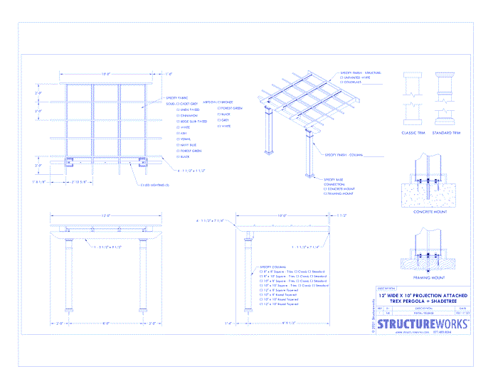 Trex Pergola + ShadeTree: 12' W x 10' P Attached Trex Pergola + Shadetree Canopy