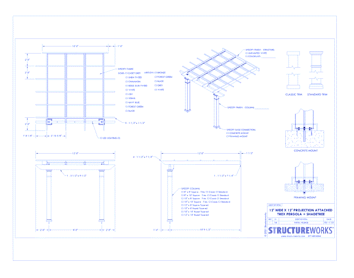 Trex Pergola + ShadeTree: 12' W x 12' P Attached Trex Pergola + ShadeTree Canopy