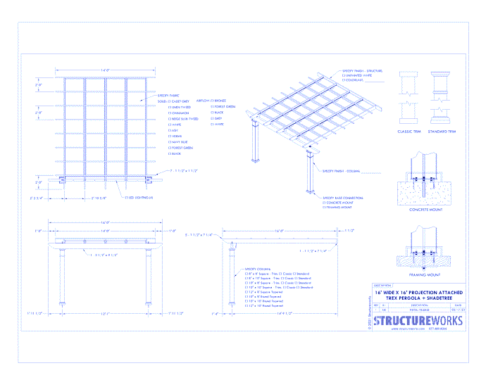 Trex Pergola + ShadeTree: 16' W x 16' P Attached Trex Pergola + ShadeTree Canopy