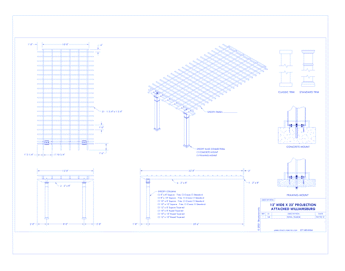 Williamsburg Pergola: 12' W x 22' P Attached Williamsburg Fiberglass Pergola