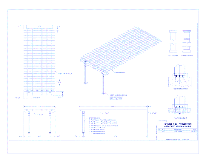 Williamsburg Pergola: 12' W x 26' P Attached Williamsburg Fiberglass Pergola