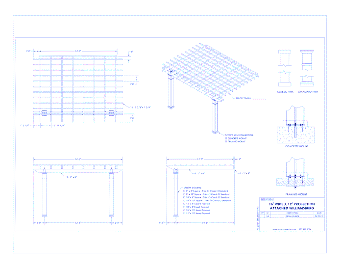 Williamsburg Pergola: 16' W x 12' P Attached Williamsburg Fiberglass Pergola