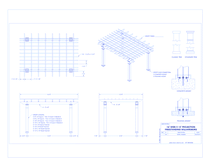 Williamsburg Pergola: 16' W x 12' P Freestanding Williamsburg Fiberglass Pergola