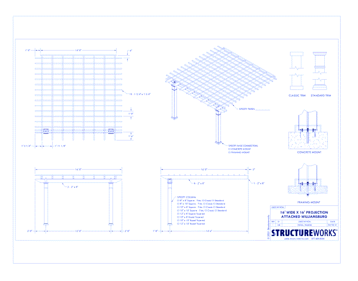Williamsburg Pergola: 16' W x 16' P Attached Williamsburg Fiberglass Pergola
