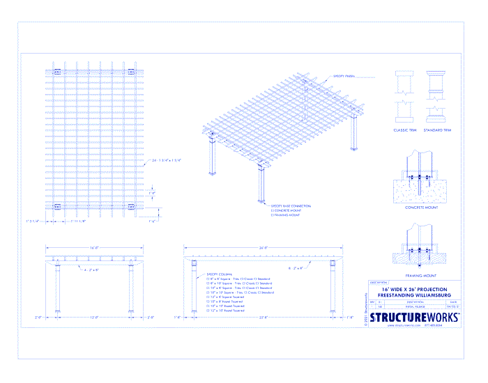 Williamsburg Pergola: 16' W x 26' P Freestanding Williamsburg Fiberglass Pergola