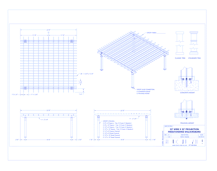 Williamsburg Pergola: 22' W x 22' P Freestanding Williamsburg Fiberglass Pergola