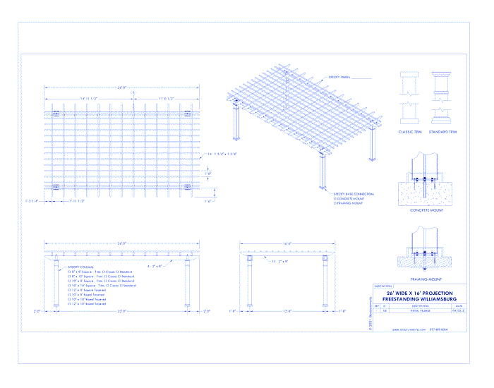 Williamsburg Pergola: 26' W x 16' P Freestanding Williamsburg Fiberglass Pergola