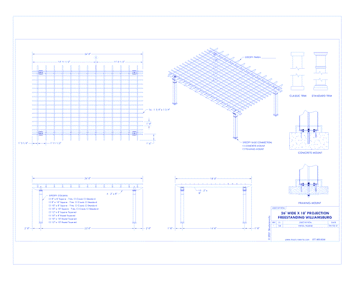 Williamsburg Pergola: 26' W x 18' P Freestanding Williamsburg Fiberglass Pergola