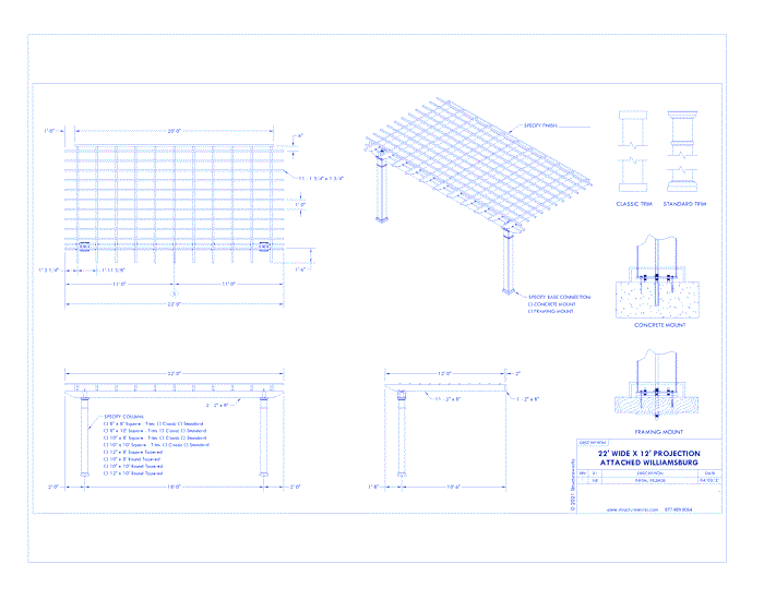 Williamsburg Pergola: 22' W x 12' P Attached Williamsburg Fiberglass Pergola