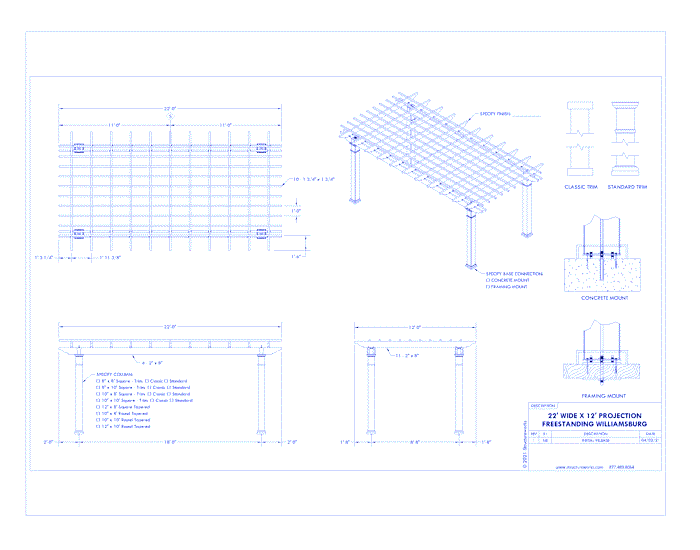 Williamsburg Pergola: 22' W x 12' P Freestanding Williamsburg Fiberglass Pergola