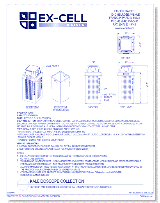 Outdoor Kaleidoscope Collection: 36 Gallon Waste Receptacle (RC-KDX36-R)