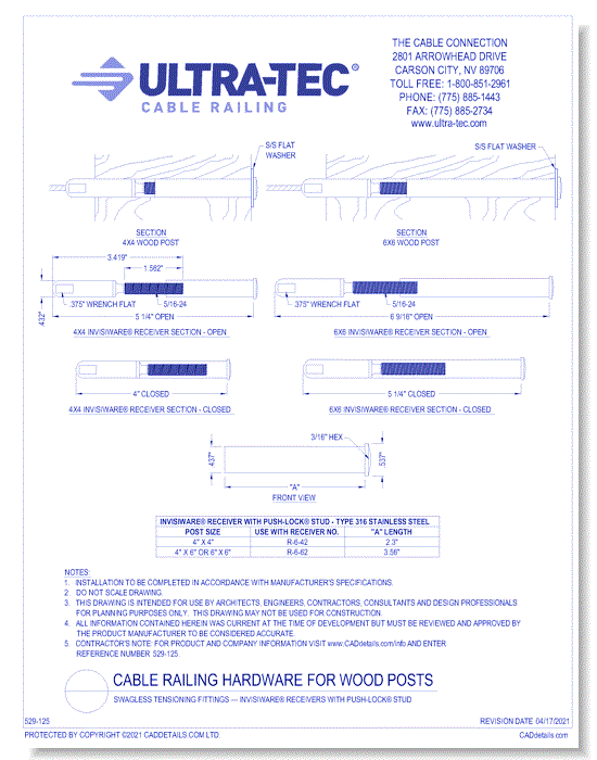 Swagless Tensioning Fittings — Invisiware® Receivers with Push-Lock® Stud