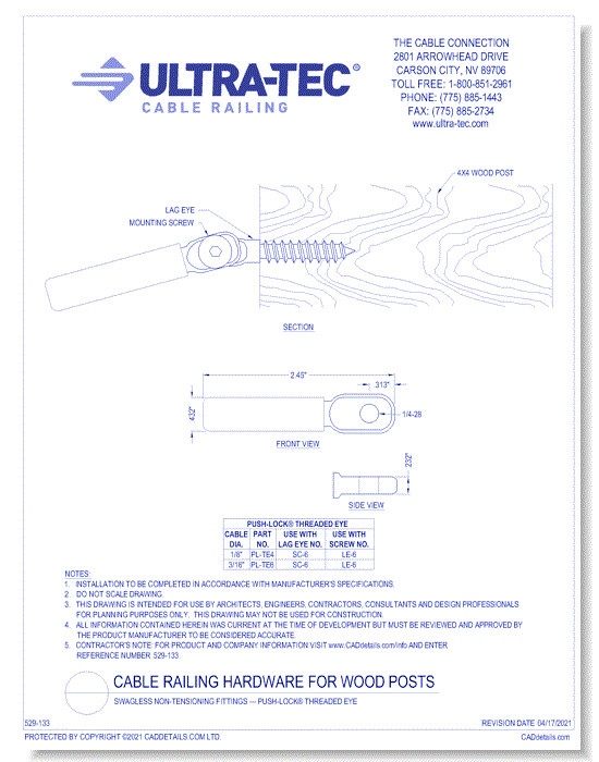 Swagless Non-Tensioning Fittings — Push-Lock® Threaded Eye