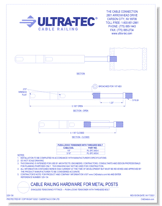 Swagless Tensioning Fittings — Push-Lock® Tensioner with Threaded Bolt