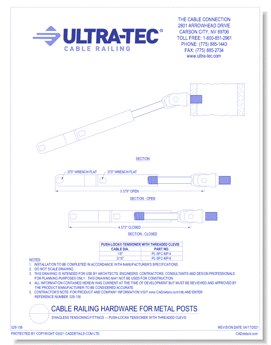 Swagless Tensioning Fittings — Push-Lock® Tensioner with Threaded Clevis