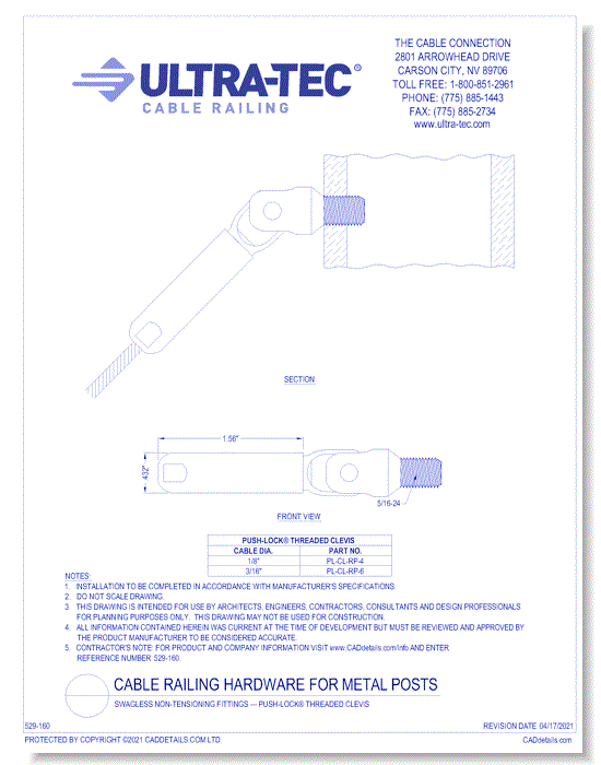 Swagless Non-Tensioning Fittings — Push-Lock® Threaded Clevis