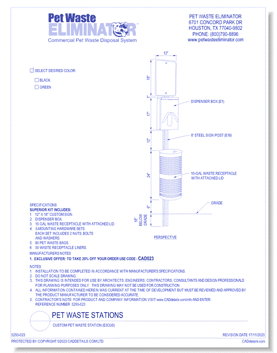 Custom Pet Waste Station (E3CUS) Pet Waste Eliminator CADdetails