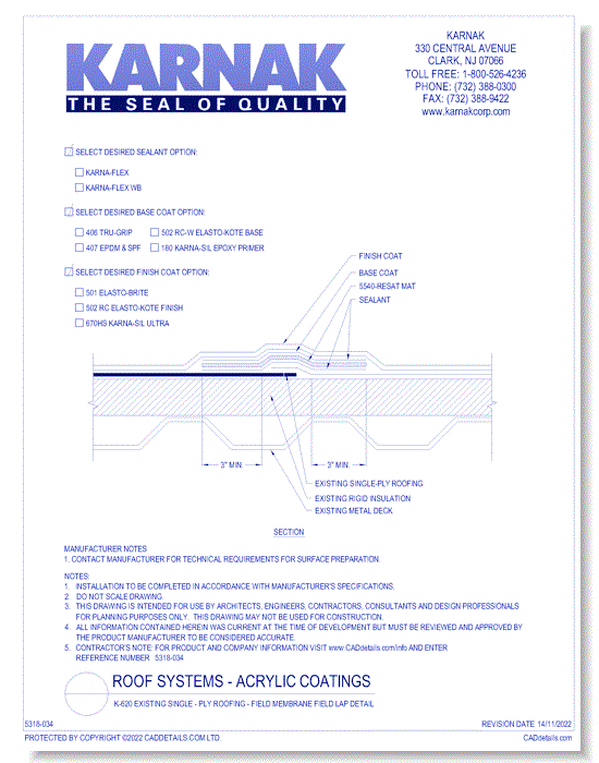K-620 Existing Single - Ply Roofing - Field Membrane Field Lap Detail