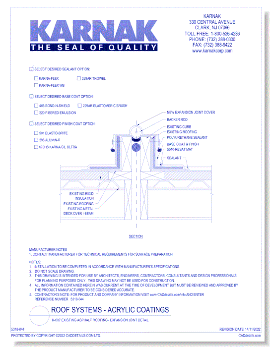 K-607 Existing Asphalt Roofing - Expansion Joint Detail