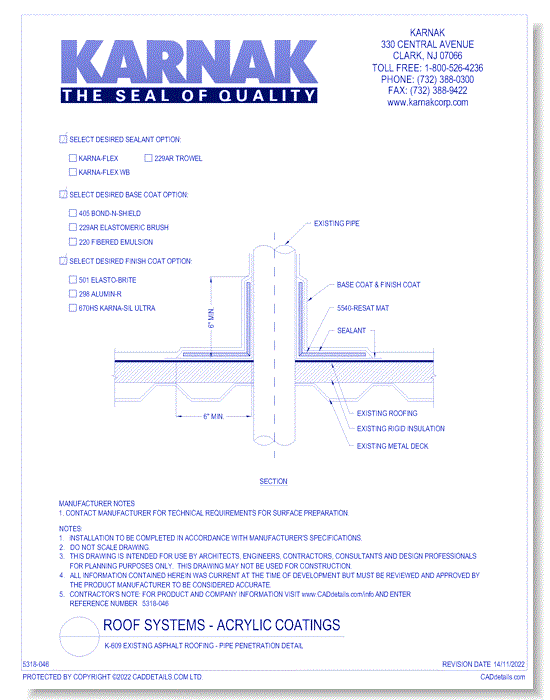 K-609 Existing Asphalt Roofing - Pipe Penetration Detail