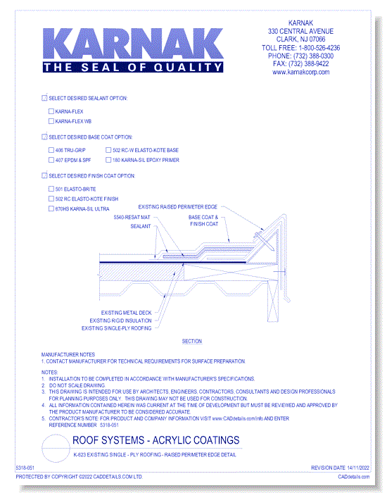 K-623 Existing Single - Ply Roofing - Raised Perimeter Edge Detail