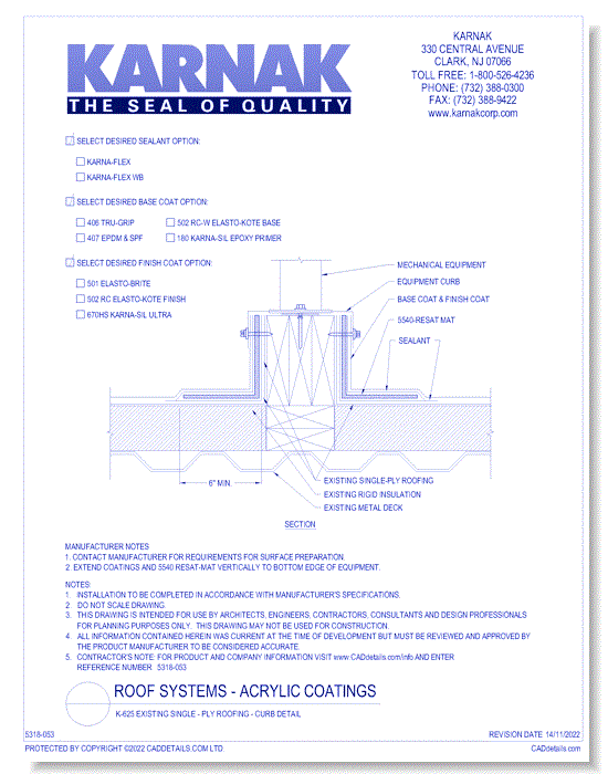 K-625 Existing Single - Ply Roofing - Curb Detail