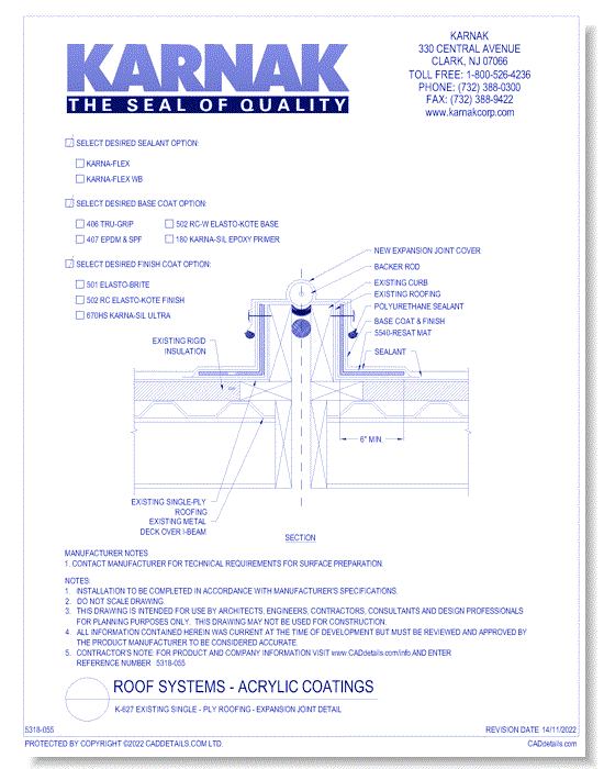 K-627 Existing Single - Ply Roofing - Expansion Joint Detail