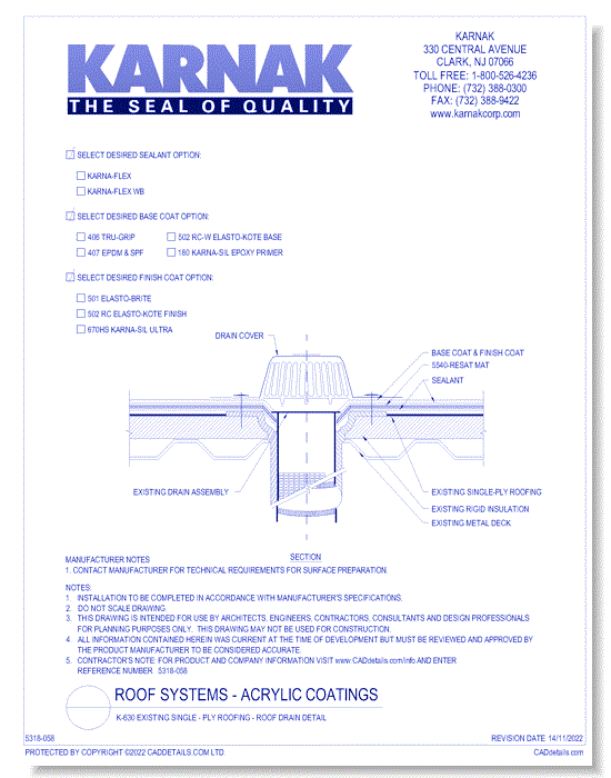 K-630 Existing Single - Ply Roofing - Roof Drain Detail