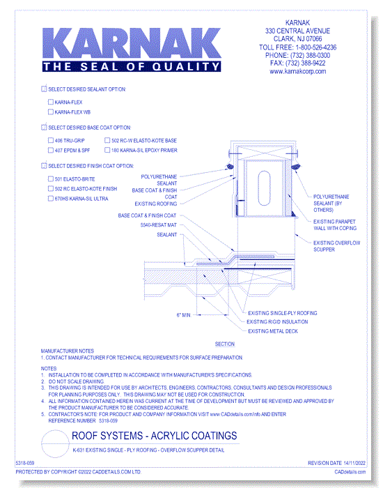 K-631 Existing Single - Ply Roofing - Overflow Scupper Detail