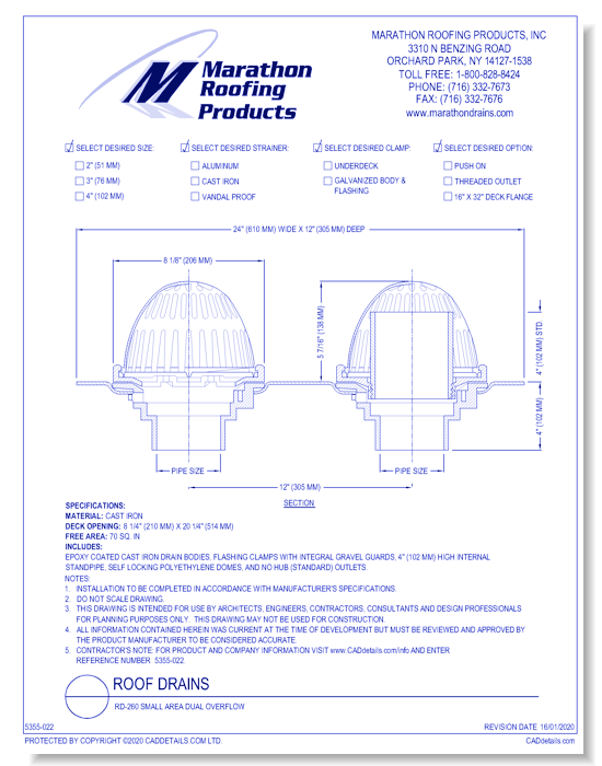 Roof Drains: RD-260 Small Area Dual Overflow