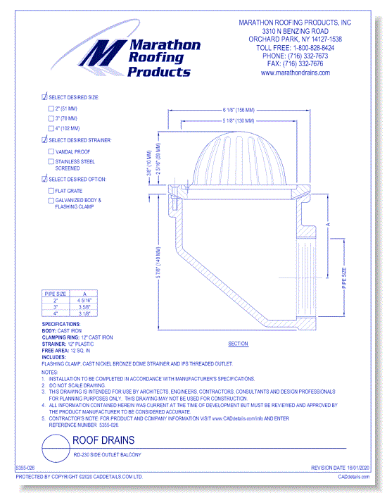 Roof Drains: RD-230 Side Outlet Balcony