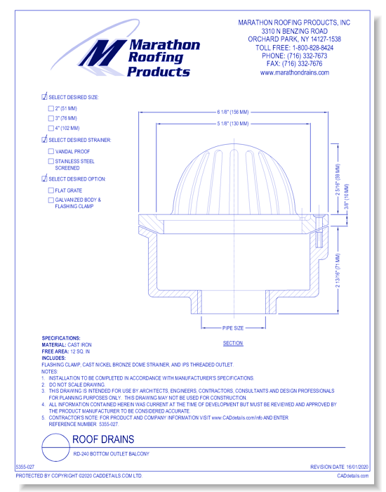 Roof Drains: RD-240 Bottom Outlet Balcony
