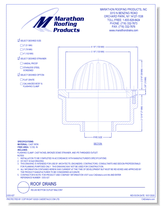 Roof Drains: RD-240 Bottom Outlet Balcony 