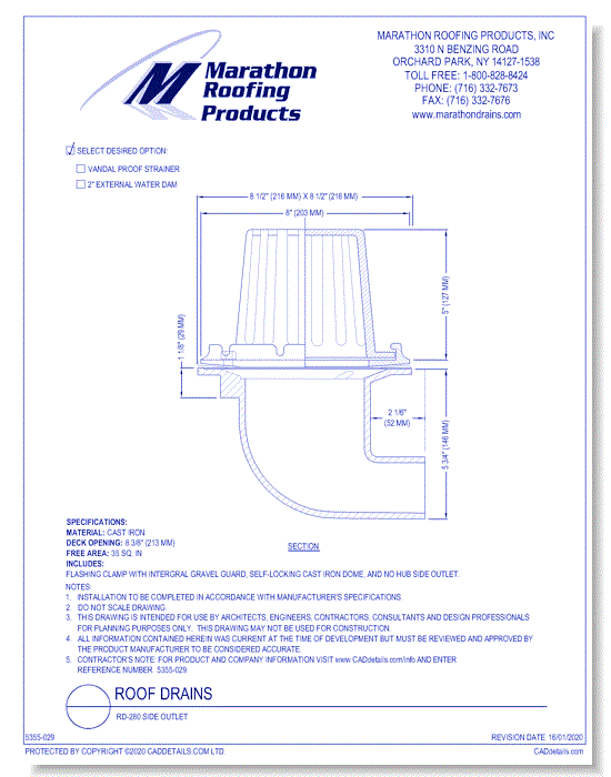 Roof Drains: RD-280 Side Outlet