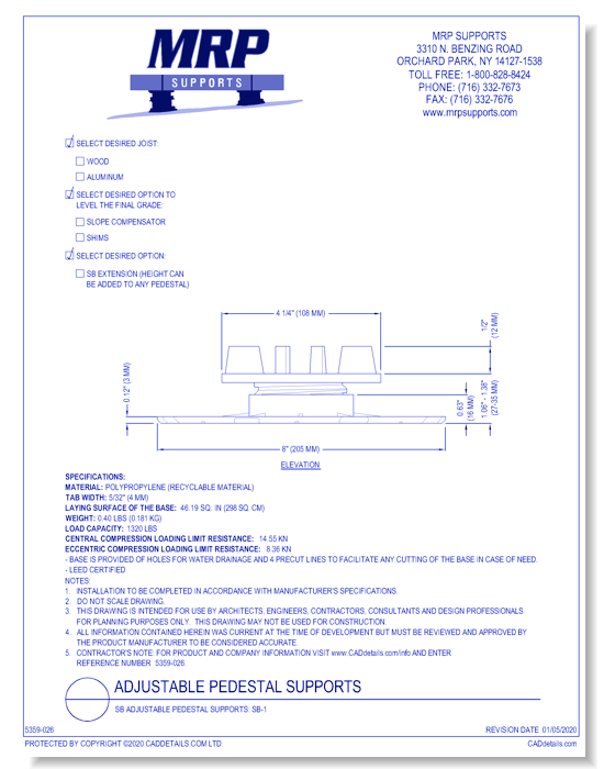 SB Adjustable Pedestal Supports: SB-1
