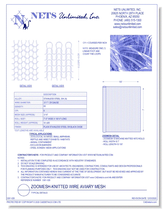 Zoomesh - Knitted Wire Aviary Mesh (Typical Details)