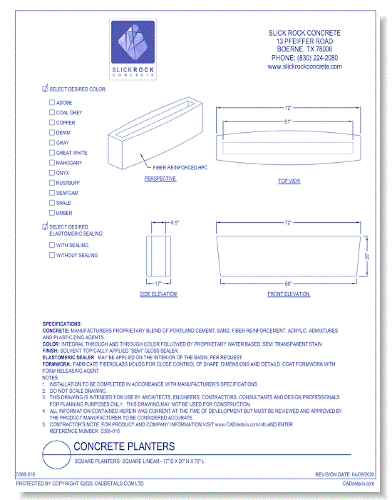 Square Planters: Square Linear - 17" D x 20" H x 72" L