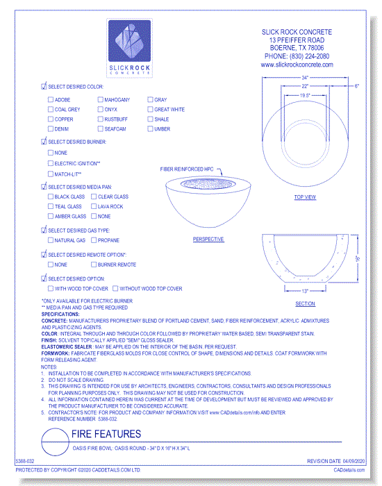 Oasis Fire Bowl: Oasis Round - 34" D x 16" H x 34" L