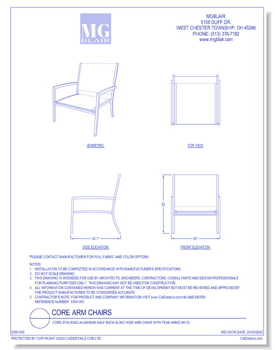 Core Stacking Aluminum Half Back Sling Wide Arm Chair with Teak Arms (#412)