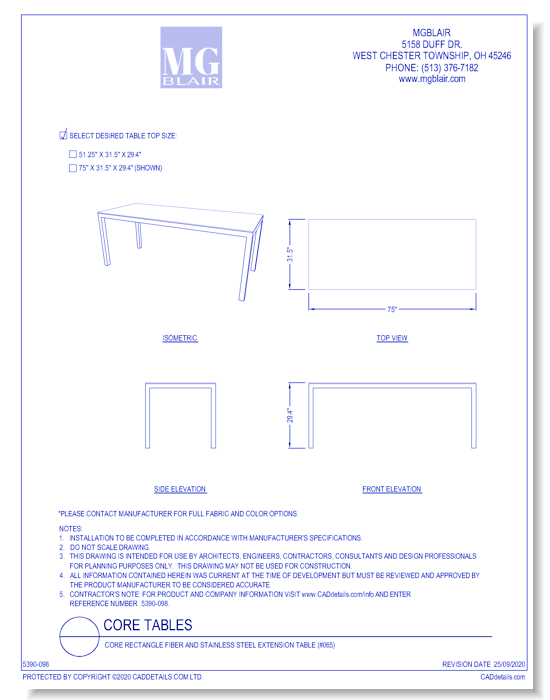 Core Rectangle Fiber and Stainless Steel Extension Table (#065)