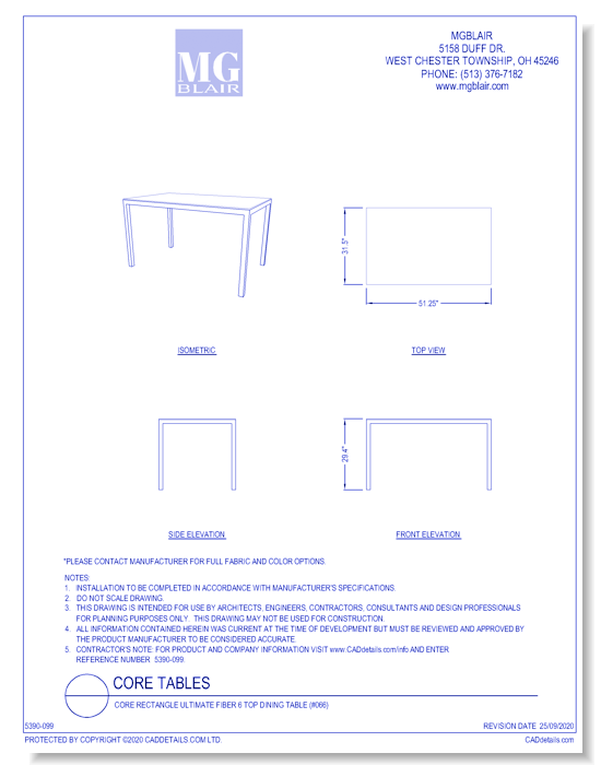 Core Rectangle Ultimate Fiber 6 Top Dining Table (#066)