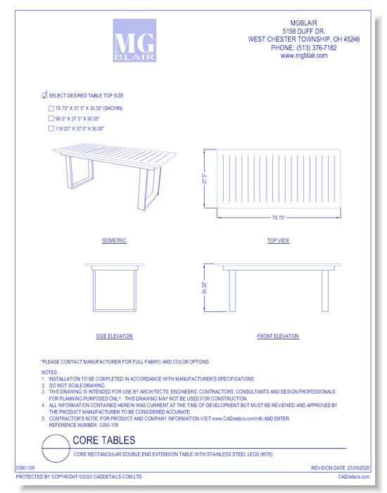 Core Rectangular Double End Extension Table with Stainless Steel Legs (#076)