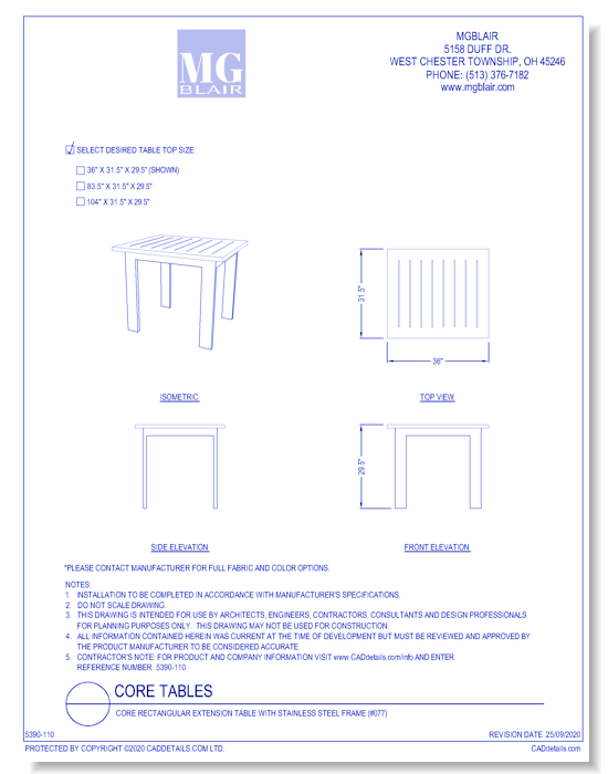 Core Rectangular Extension Table with Stainless Steel Frame (#077)
